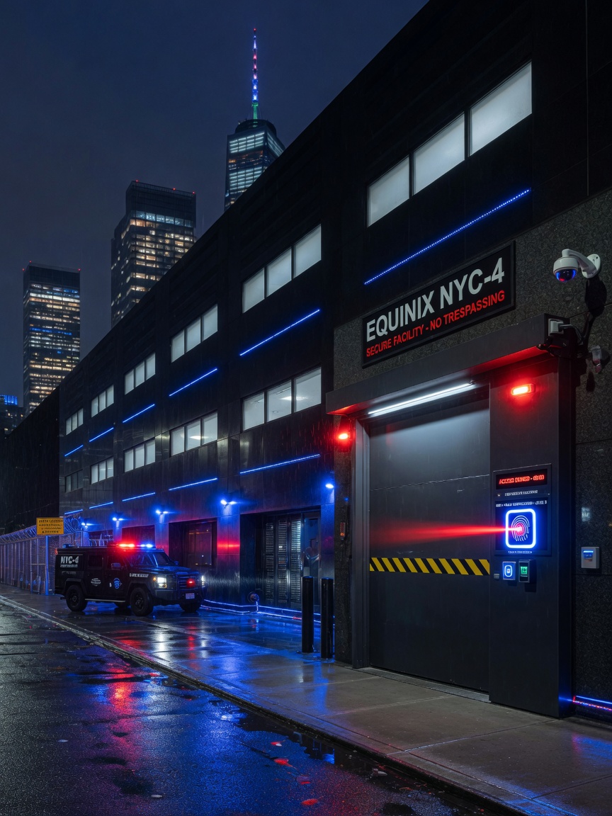 Nighttime exterior view of a Lower Manhattan data center with secure smart commercial doors featuring biometric access control, dramatic blue and red lighting, cinematic 8K realism