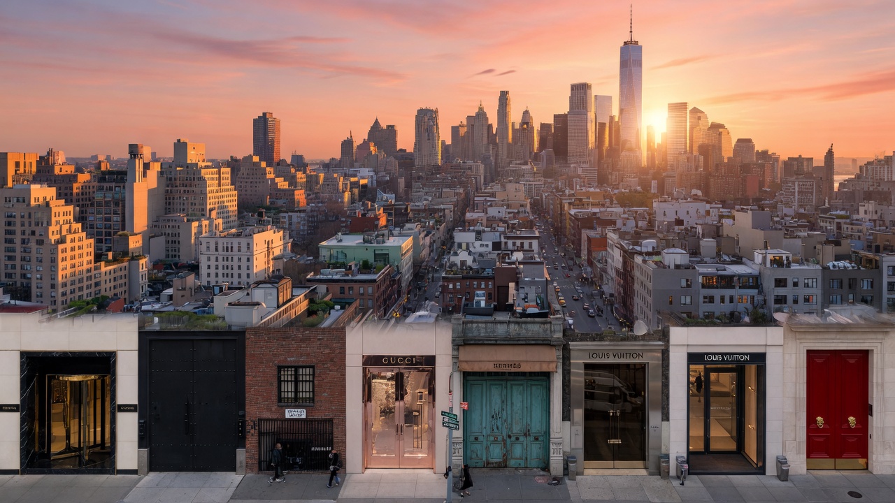 Aerial ultra-realistic 8K photograph of New York City skyline at sunrise showing various commercial buildings with different door materials visible on ground floors