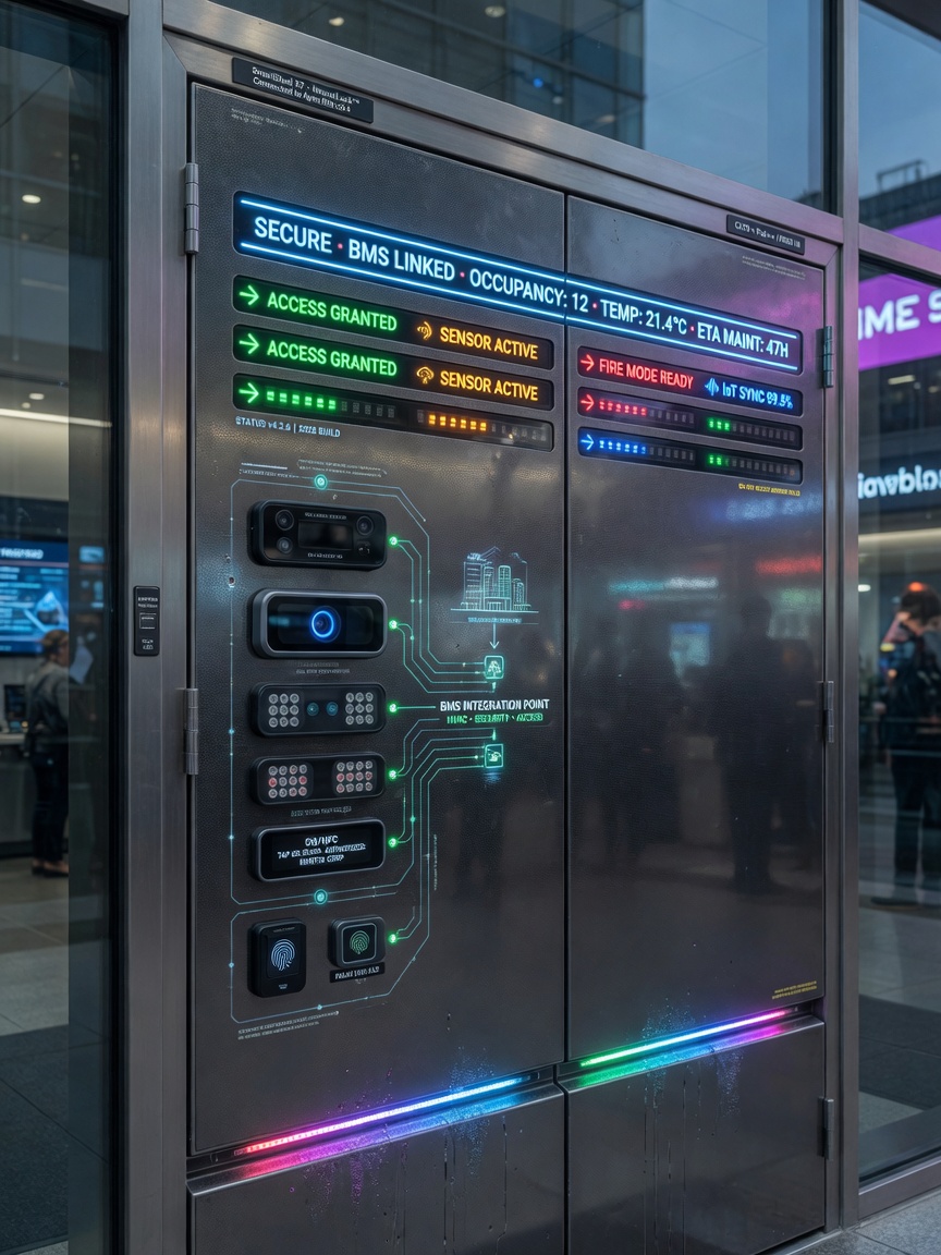 Futuristic 2026 concept of smart steel commercial door with embedded LED status indicators, sensor arrays, and seamless integration with building management system, cyber-realistic style, 8K