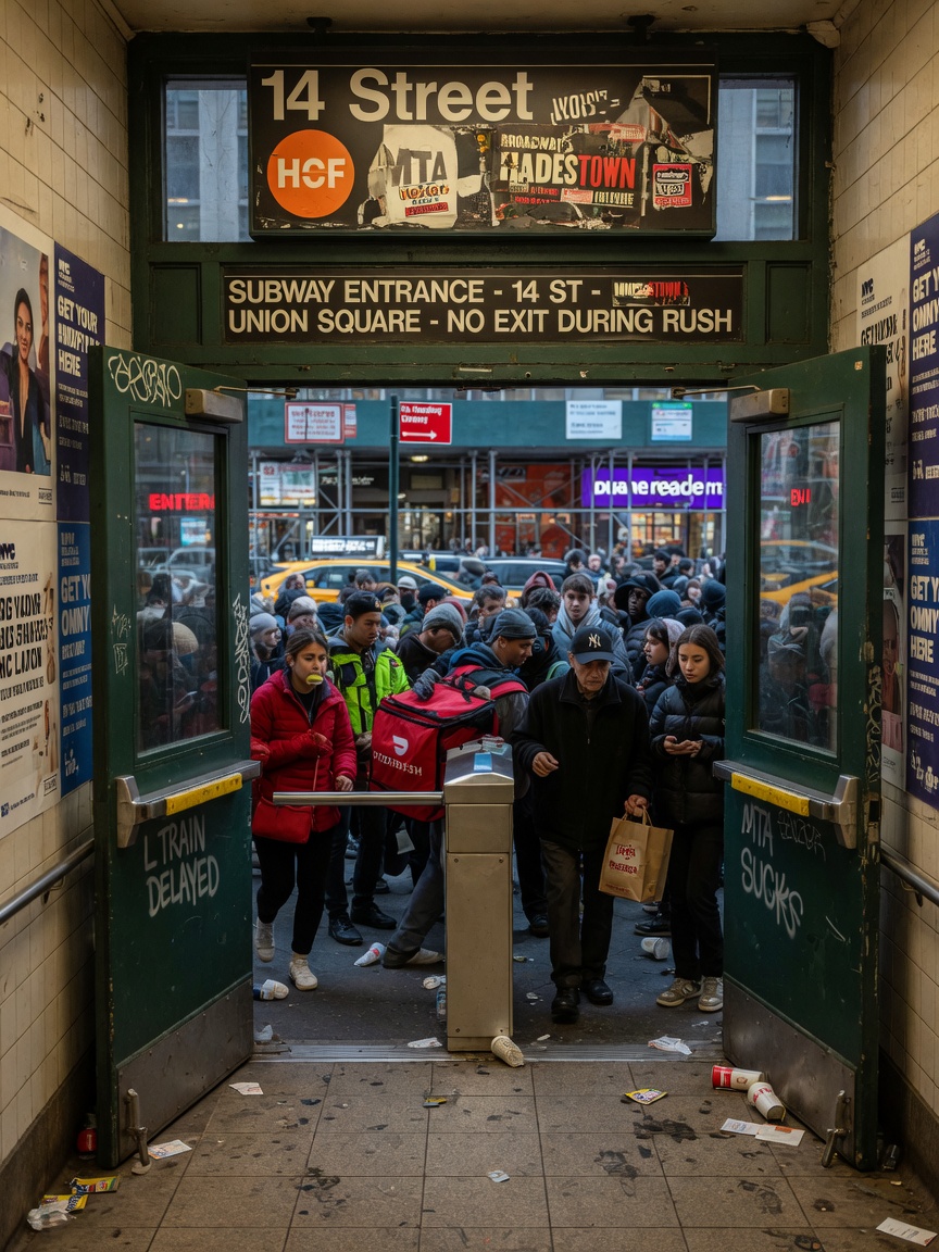 Ultra-realistic 8K photograph of crowded NYC subway station style commercial entrance with durable custom heavy-gauge doors, urban environment, candid street photography aesthetic