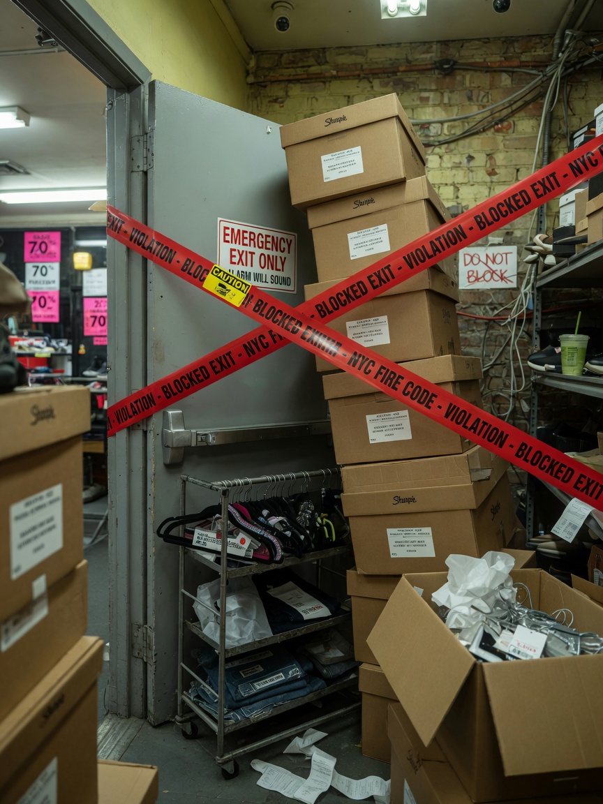 Ultra-realistic 8K photograph of obstructed emergency exit door blocked by cardboard boxes and inventory in NYC retail store, red violation tape across door, cautionary mood