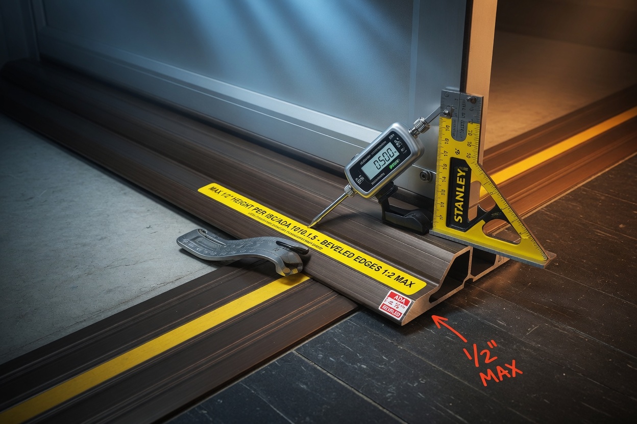 Close-up 8K image of commercial door threshold detail showing maximum 1/2 inch height requirement with beveled edges, precise measurement tools visible for code compliance
