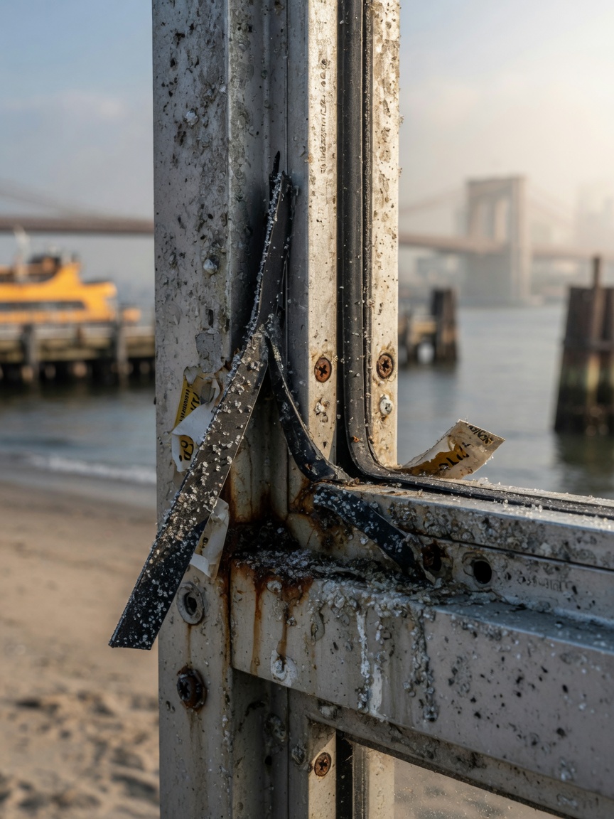 Ultra-realistic 8K close-up of corroded aluminum storefront frame near the NYC waterfront showing salt air oxidation and gasket failure after 6 years