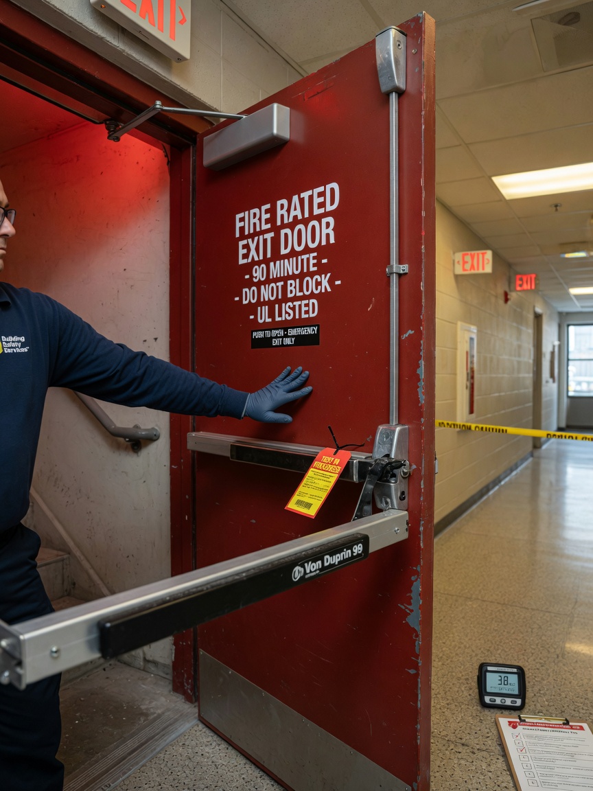 Ultra-realistic 8K image of panic hardware being tested on a fire-rated exit door, technician pressing bar, door slightly open, modern commercial building interior