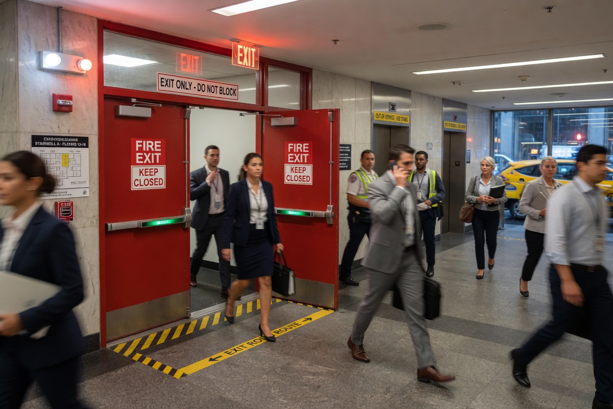 Dynamic 8K image of an emergency evacuation in a NYC commercial building with people calmly exiting through properly functioning self-closing fire doors, motion blur on people, sense of urgency but safety