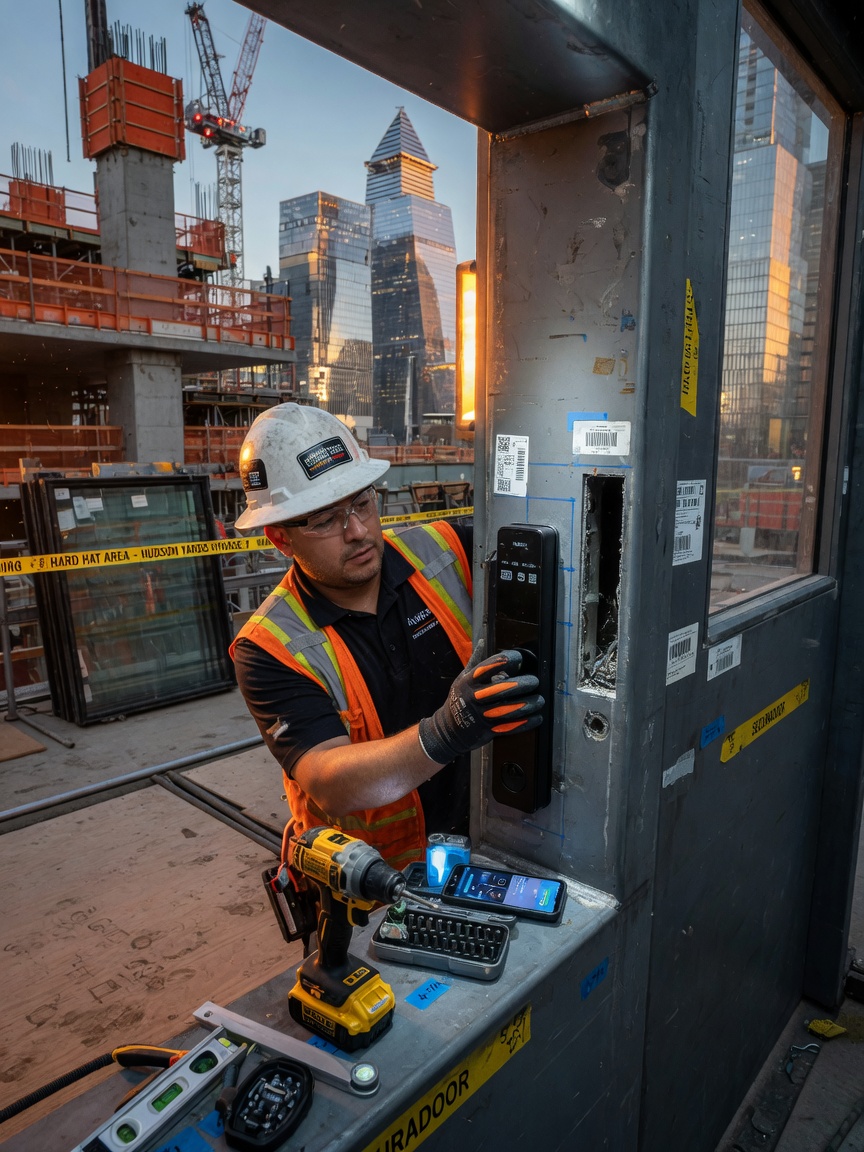 Technician installing wireless smart lock hardware into existing Securadoor heavy-gauge steel commercial door frame on a construction site in Hudson Yards, NYC, 8K detail
