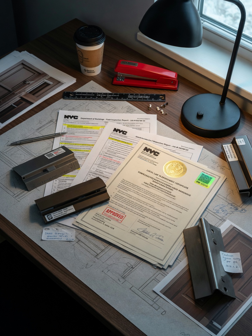 Ultra-realistic 8K image of Local Law 75 compliance certificate and NYC building code documents on architect desk with steel and aluminum door samples, professional still life