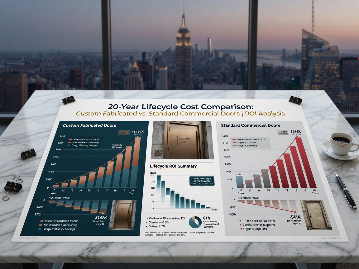 Professional 8K image of ROI financial charts and graphs comparing custom fabricated versus standard commercial doors over 20-year lifecycle, clean business infographic style with subtle NYC skyline