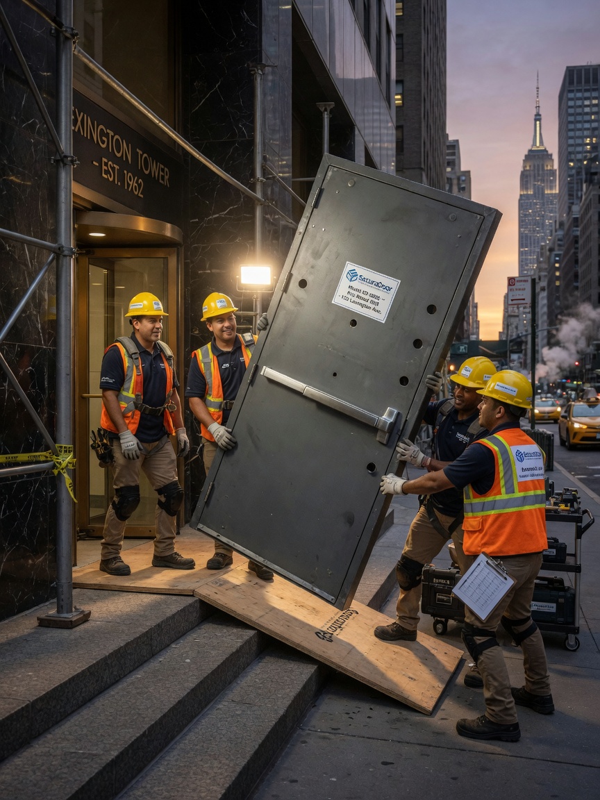 Professional 8K image of SecuraDoor installation team carrying heavy gauge steel commercial door into Manhattan building, uniforms visible, teamwork atmosphere