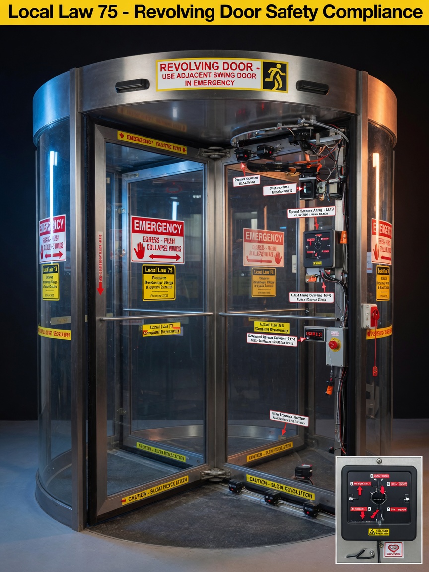 Ultra-realistic 8K rendering of Local Law 75 revolving door safety features including collapsible wings, speed control sensors and emergency signage, educational cutaway view