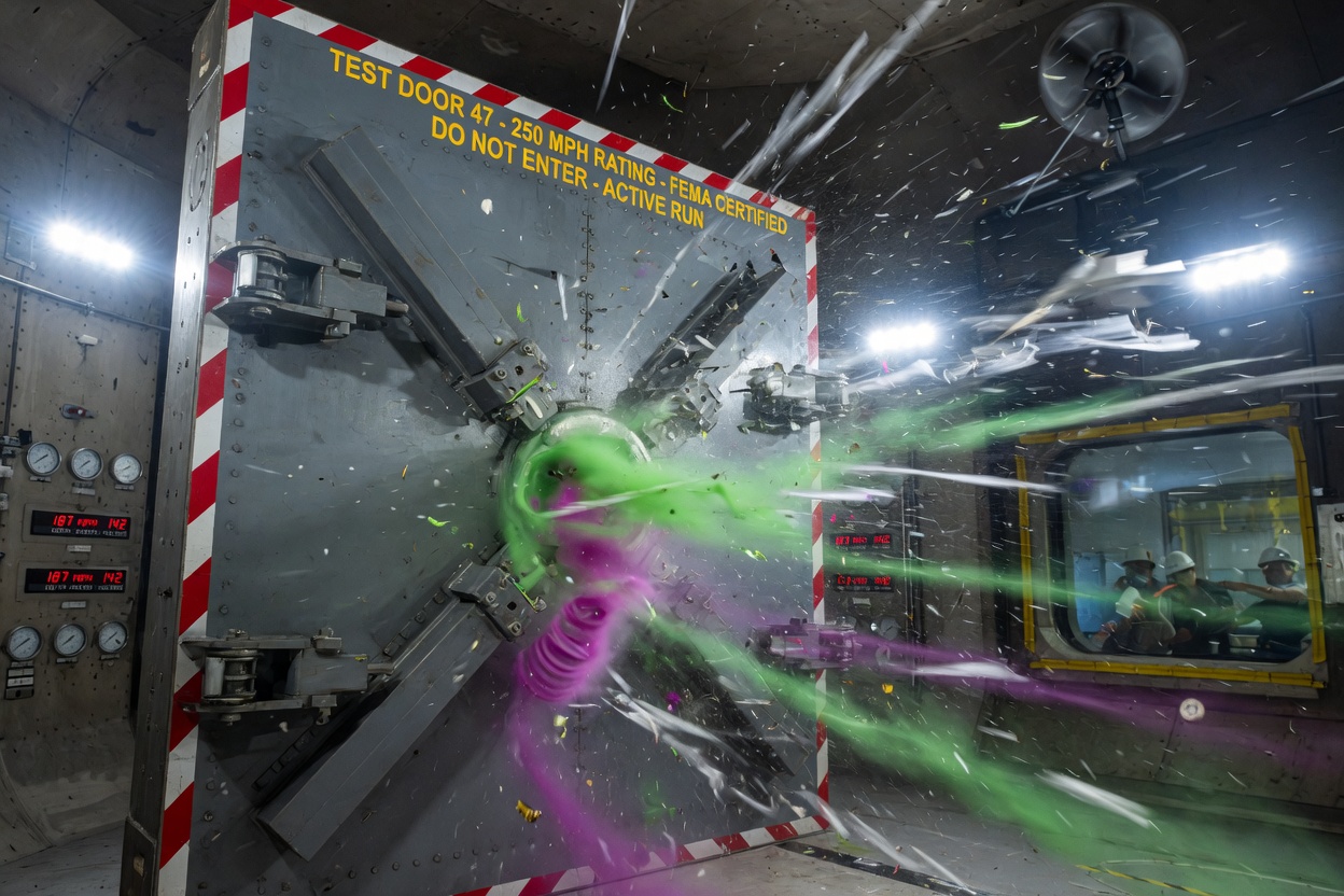 Cinematic 8K photograph of a reinforced steel door successfully withstanding simulated hurricane force winds in a test facility, dramatic motion blur and pressure visualization