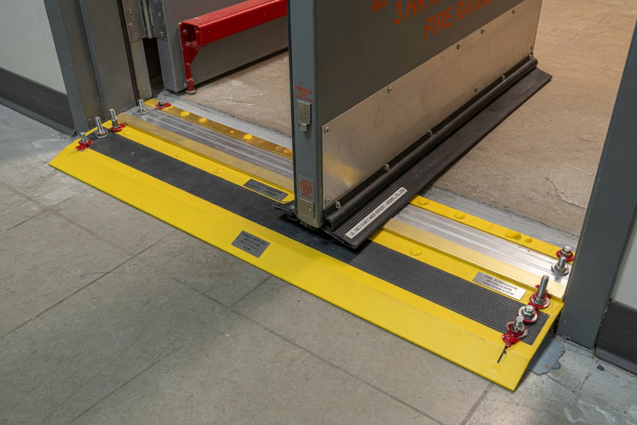 Detailed 8K shot of a fire door sweep and threshold installation meeting both fire rating and ADA accessibility requirements, precise technical view from floor level