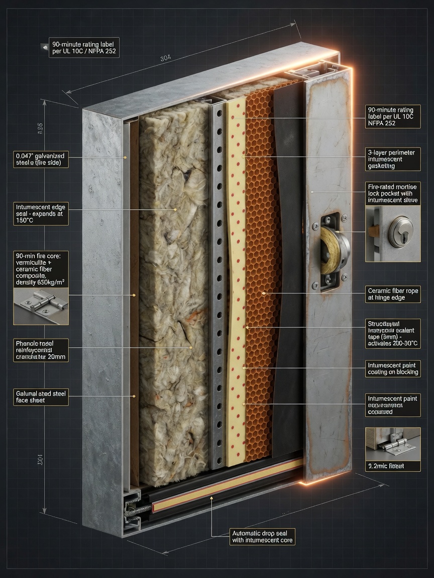 Ultra-realistic 8K technical illustration style image showing cross-section of a 90-minute fire-rated door construction with multiple layers, intumescent materials, and fire-resistant core visible
