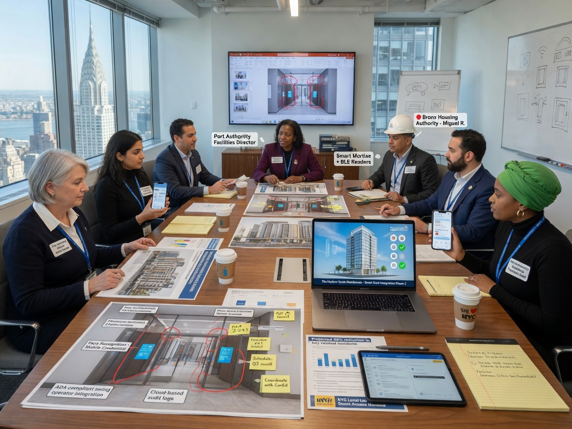 Diverse group of New York City building owners and facility managers discussing smart door integration plans around a conference table with 3D building renderings, photorealistic 8K