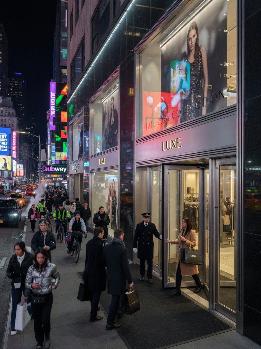 High-traffic Manhattan retail entrance with elegant aluminum storefront doors during busy evening hours, people entering and exiting, vibrant city lights, ultra-realistic 8K