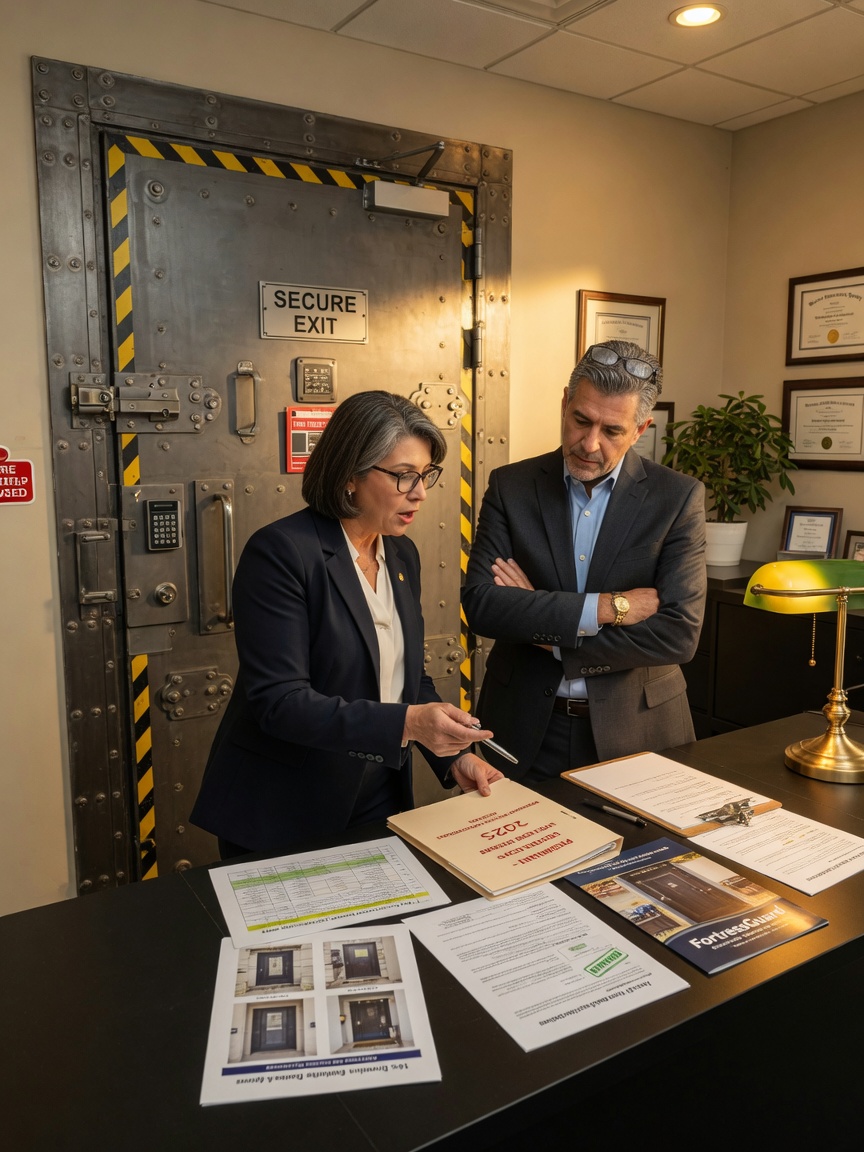 Insurance agent discussing premium reduction with business owner in front of reinforced steel doors, professional setting with paperwork, warm office lighting, photorealistic 8K