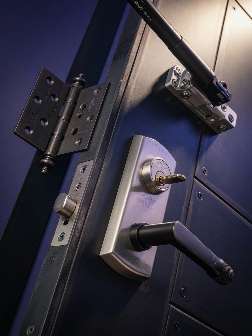 Ultra-realistic 8K close-up of premium commercial door hardware on custom fabricated door, high-end locksets, hinges and closers, luxury product photography with dramatic lighting