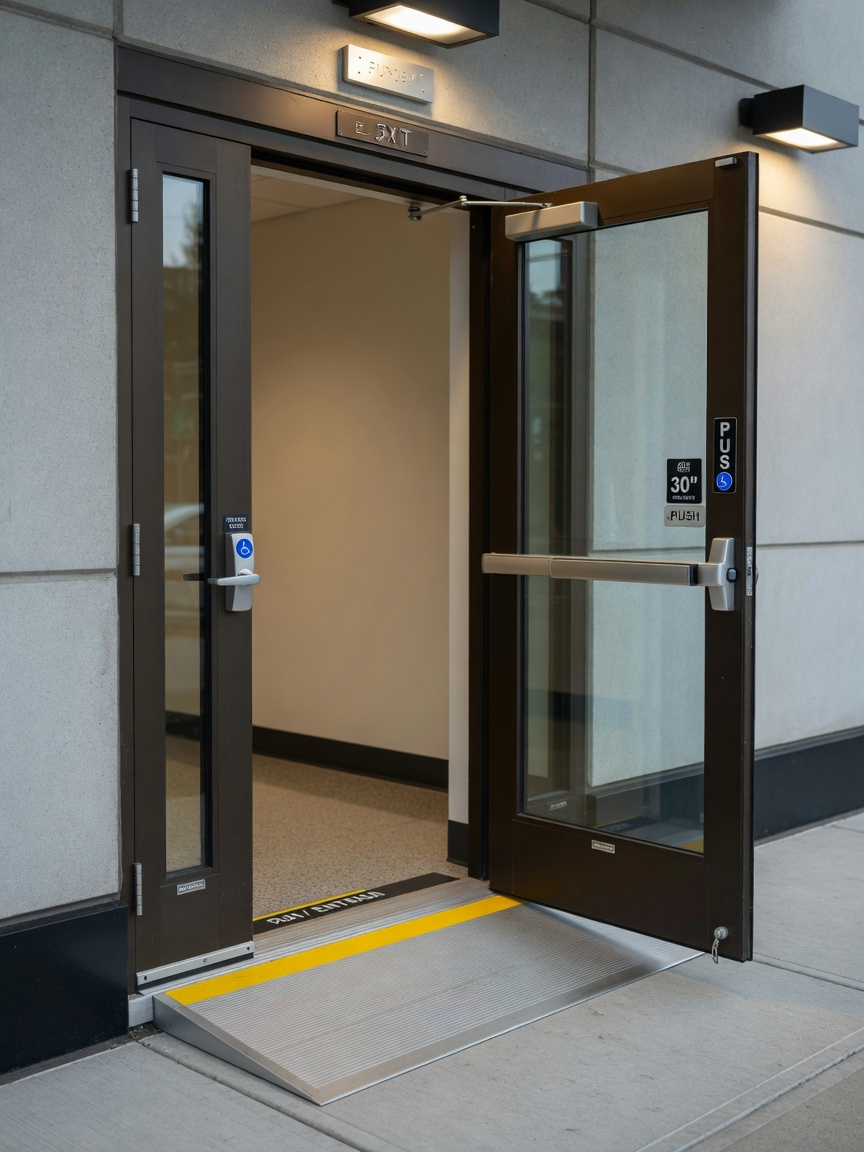 Ultra-realistic 8K rendering of properly installed ADA compliant commercial door with correct clear width, proper door swing direction, and accessible threshold, architectural detail