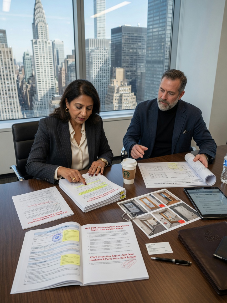 Professional 8K photograph of a New York City business owner reviewing commercial door compliance documents and inspection reports at a conference table with architect