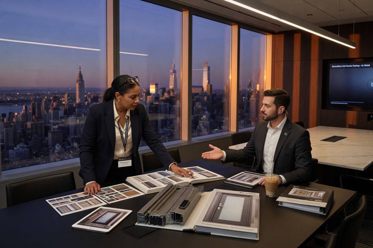8K lifestyle image of a property manager reviewing commercial door options with a SecuraDoor specialist in a modern NYC conference room overlooking the skyline