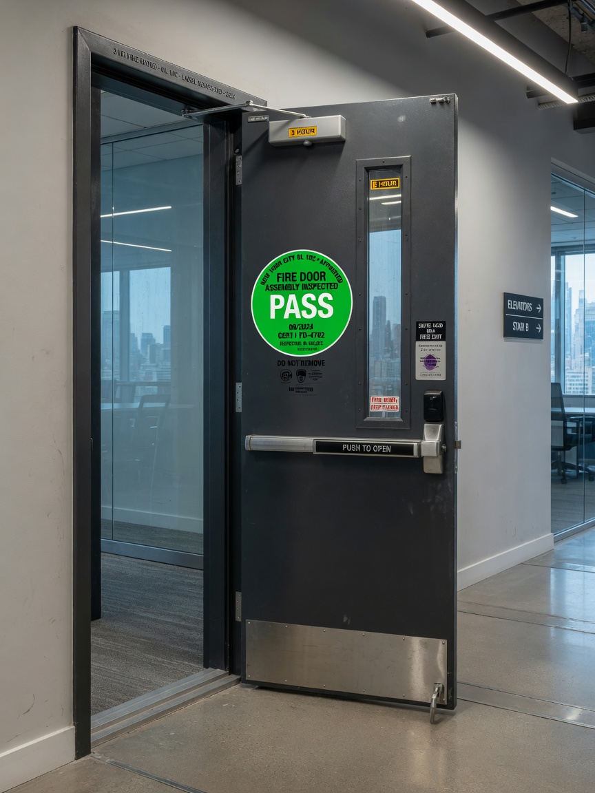 Ultra-realistic 8K photograph of a completed and certified fire-rated commercial door assembly with green inspection sticker applied, professional finished look in NYC office environment