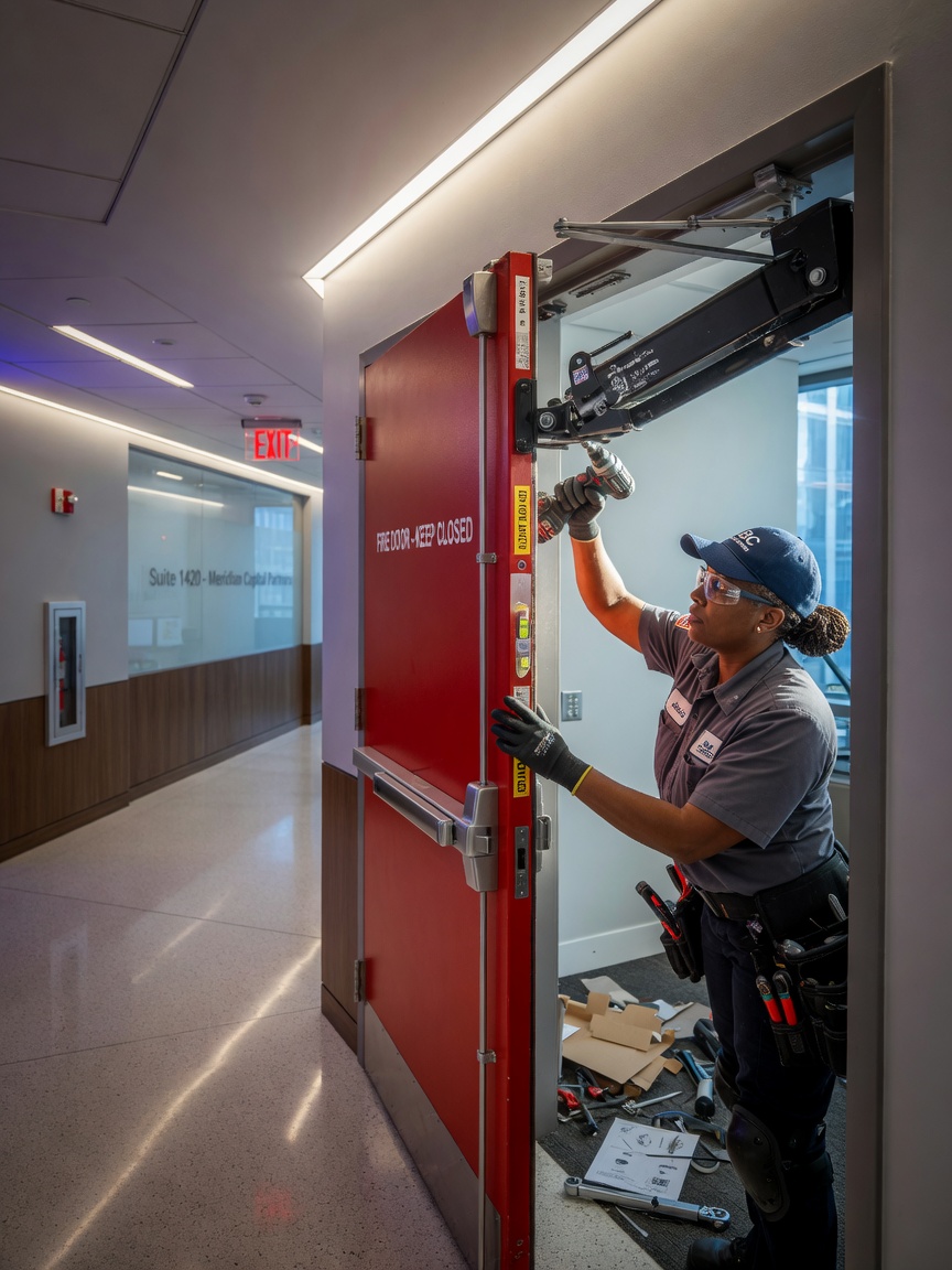 Professional 8K ultra-realistic image of a facility maintenance technician installing a new self-closing device on a commercial fire door in a modern Manhattan office building