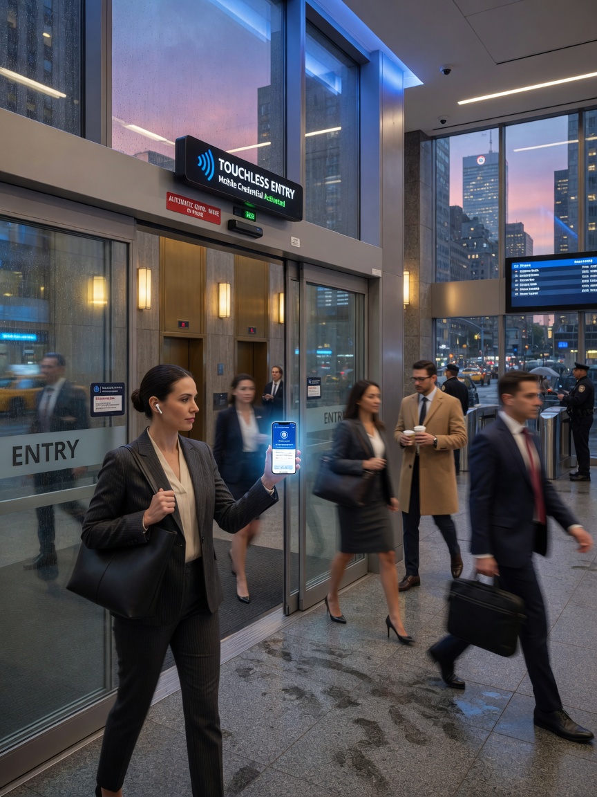 Touchless automatic commercial door activation using mobile credential in a busy Midtown Manhattan lobby, motion capture, people in business attire, ultra-realistic 8K image