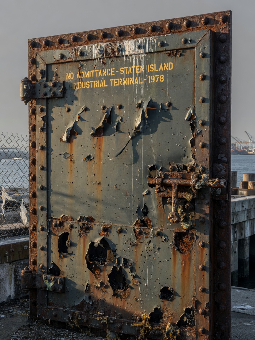 Heavy industrial steel door showing corrosion damage after years of exposure in Staten Island marine environment, ultra-realistic 8K detail photography