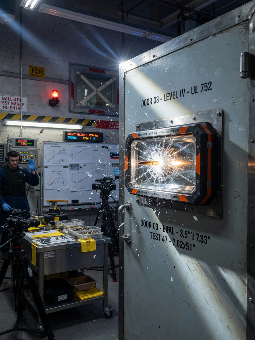 Ballistic testing laboratory showing bullet-resistant vision light installed in heavy gauge steel door, dramatic impact moment captured, scientific and technical atmosphere, ultra-realistic 8K