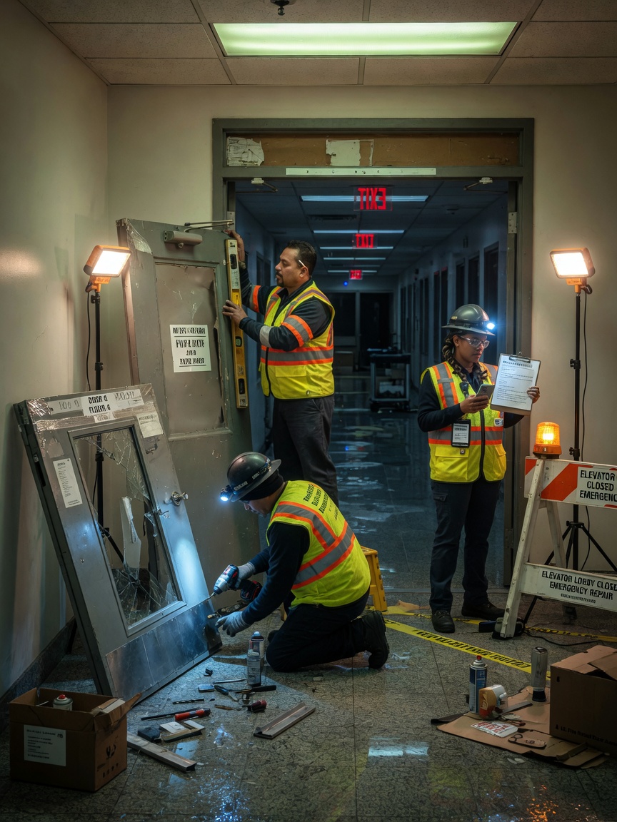 Ultra-realistic 8K photograph of emergency repair crew replacing failed standard door at 2am in New York City office building, dramatic nighttime lighting, documentary style
