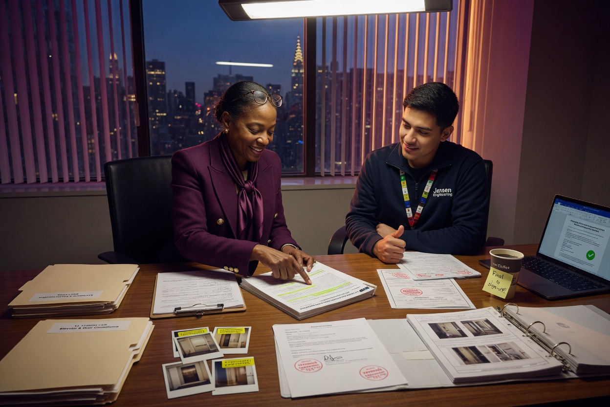 Dramatic 8K ultra-realistic photo of NYC building manager reviewing compliance documents and door certification paperwork with engineer at conference table, positive resolution mood