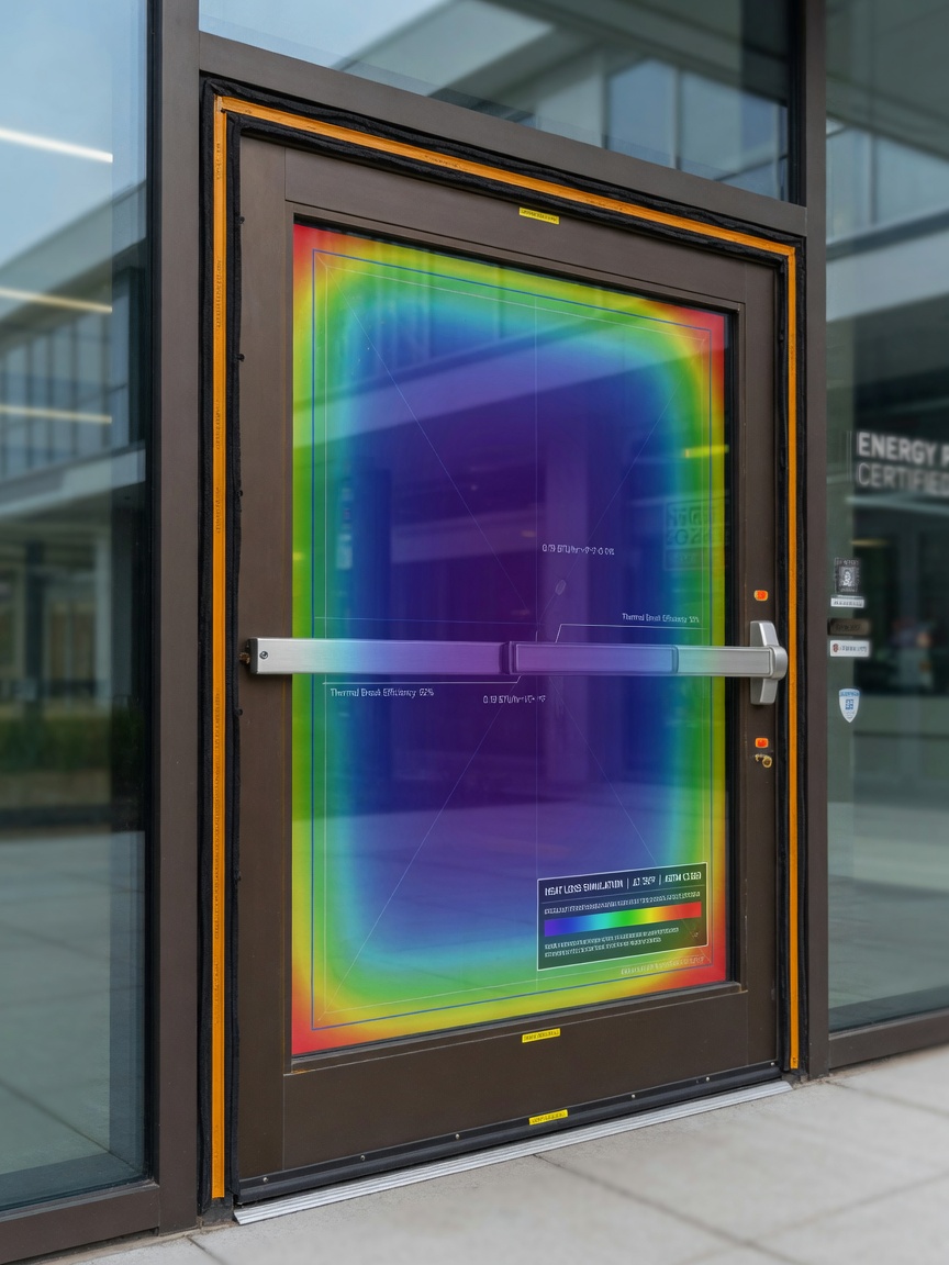 Ultra-detailed 8K image of energy efficient commercial door with thermal breaks, weather seals and insulated glazing, showing heat map visualization of energy performance