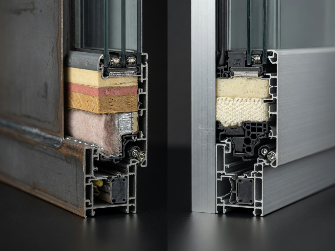 Ultra-detailed 8K technical shot showing cross-section cutaway of both steel and aluminum commercial door construction layers side by side for comparison