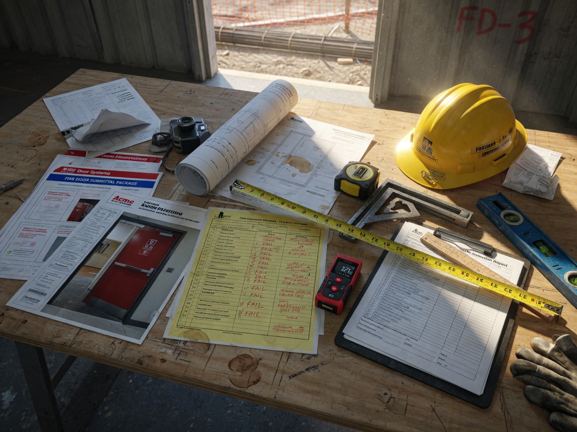 8K cinematic view of construction documents, fire door submittals, and inspection checklists spread across a job site table with hard hat and measuring tools, natural daylight