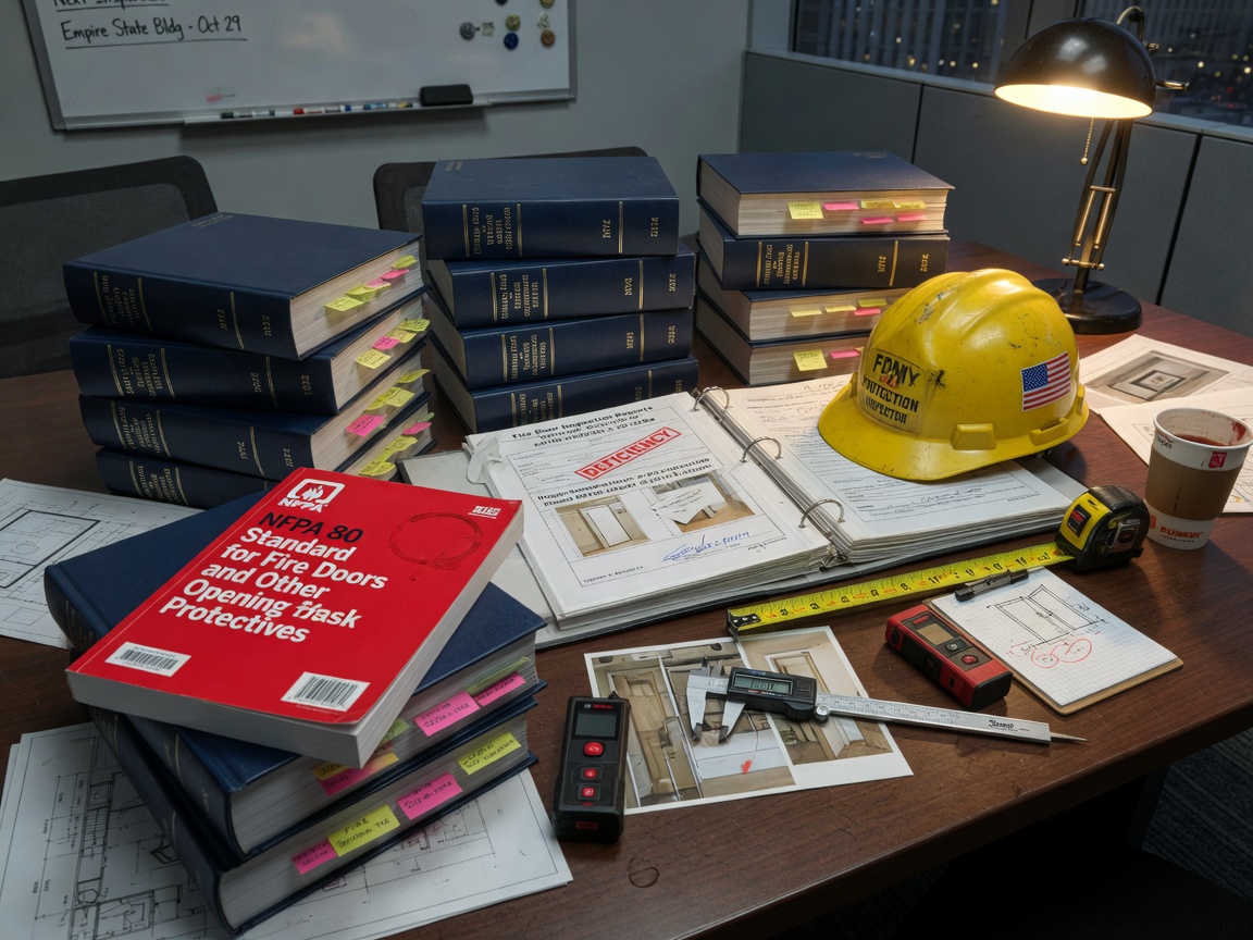 Ultra-realistic 8K photograph of stacked NYC building code books, NFPA 80 standard manual, and fire door inspection reports on a conference table with a hard hat and measuring tools