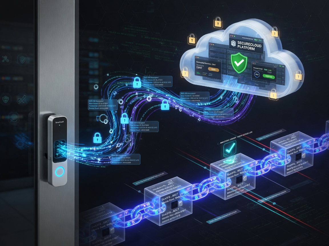 Cybersecurity concept showing encrypted data flow from smart commercial door sensors to cloud platform with lock icons and secure blockchain visualization, dark tech background, 8K