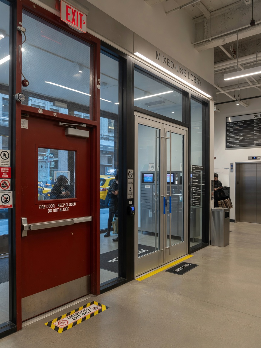 Modern NYC mixed-use building lobby featuring both steel fire doors and aluminum storefront systems side by side, architectural interior photography, ultra-realistic 8K