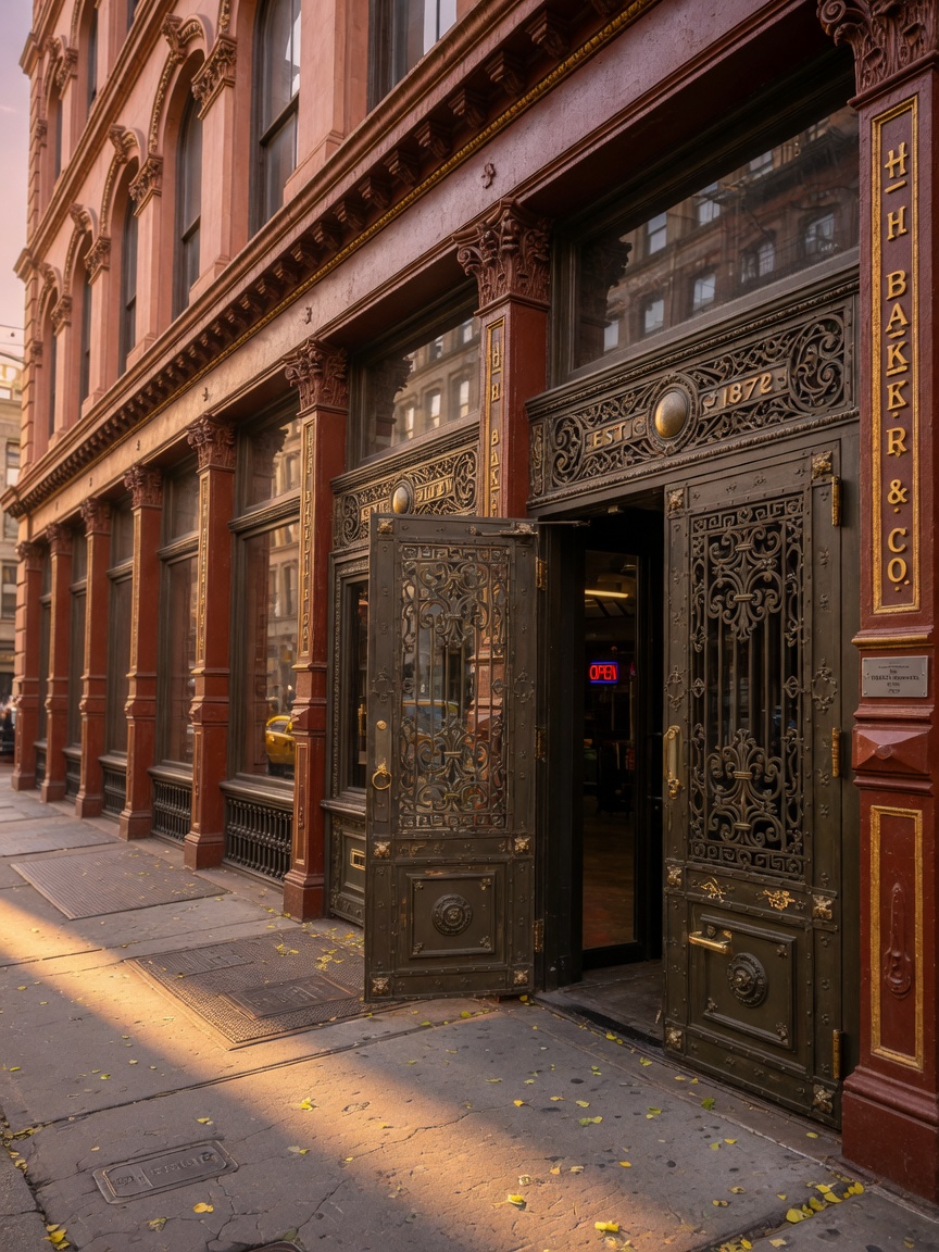 Historic SoHo building with beautifully designed custom steel security doors that blend with cast iron architecture while providing modern protection, golden hour photography, 8K