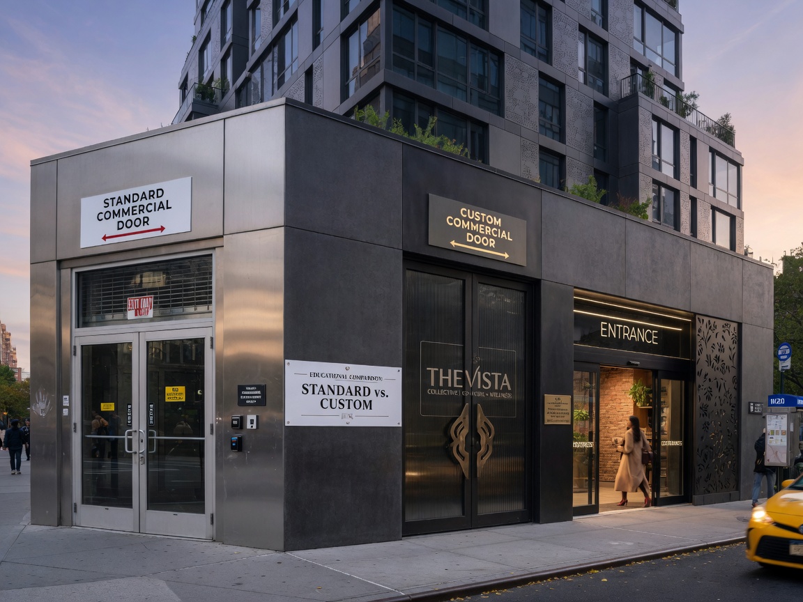 Wide-angle ultra-realistic 8K architectural photograph of modern NYC mixed-use building featuring both standard and custom commercial doors clearly labeled, educational comparison composition