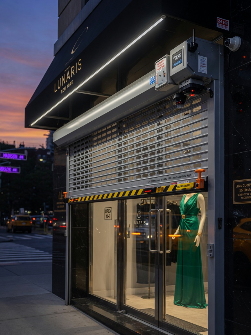 Ultra-realistic 8K image of motorized code-compliant storefront security gate with safety sensors and emergency release, installed on upscale New York City retail facade at dusk