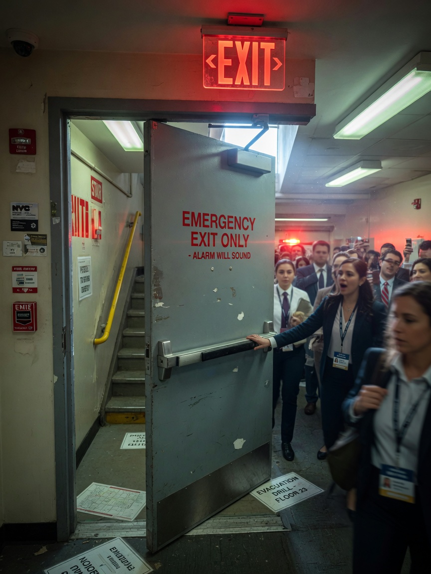 Cinematic 8K photograph of an emergency exit door with illuminated exit sign and panic bar being pushed open during simulated evacuation in an NYC office building