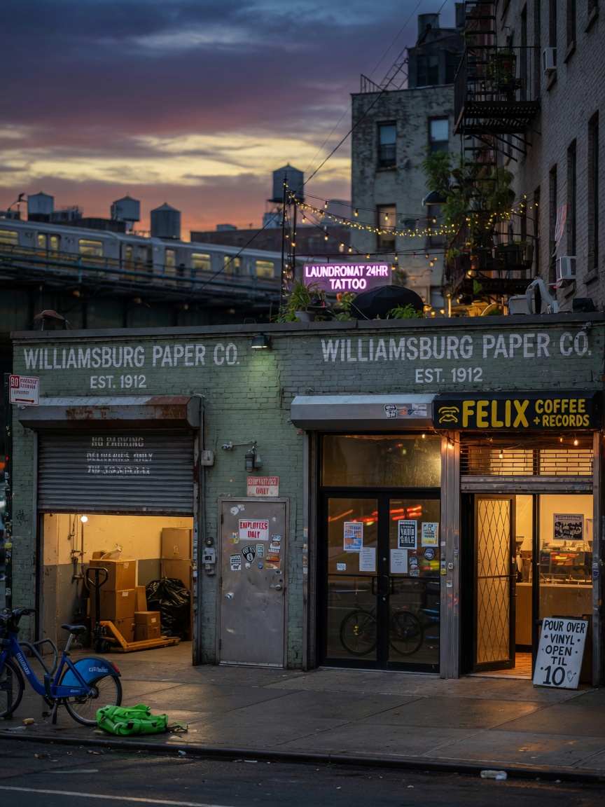 Atmospheric 8K image of a mixed-use building in Williamsburg Brooklyn at dusk featuring both steel service doors and aluminum storefront entrances, balanced composition