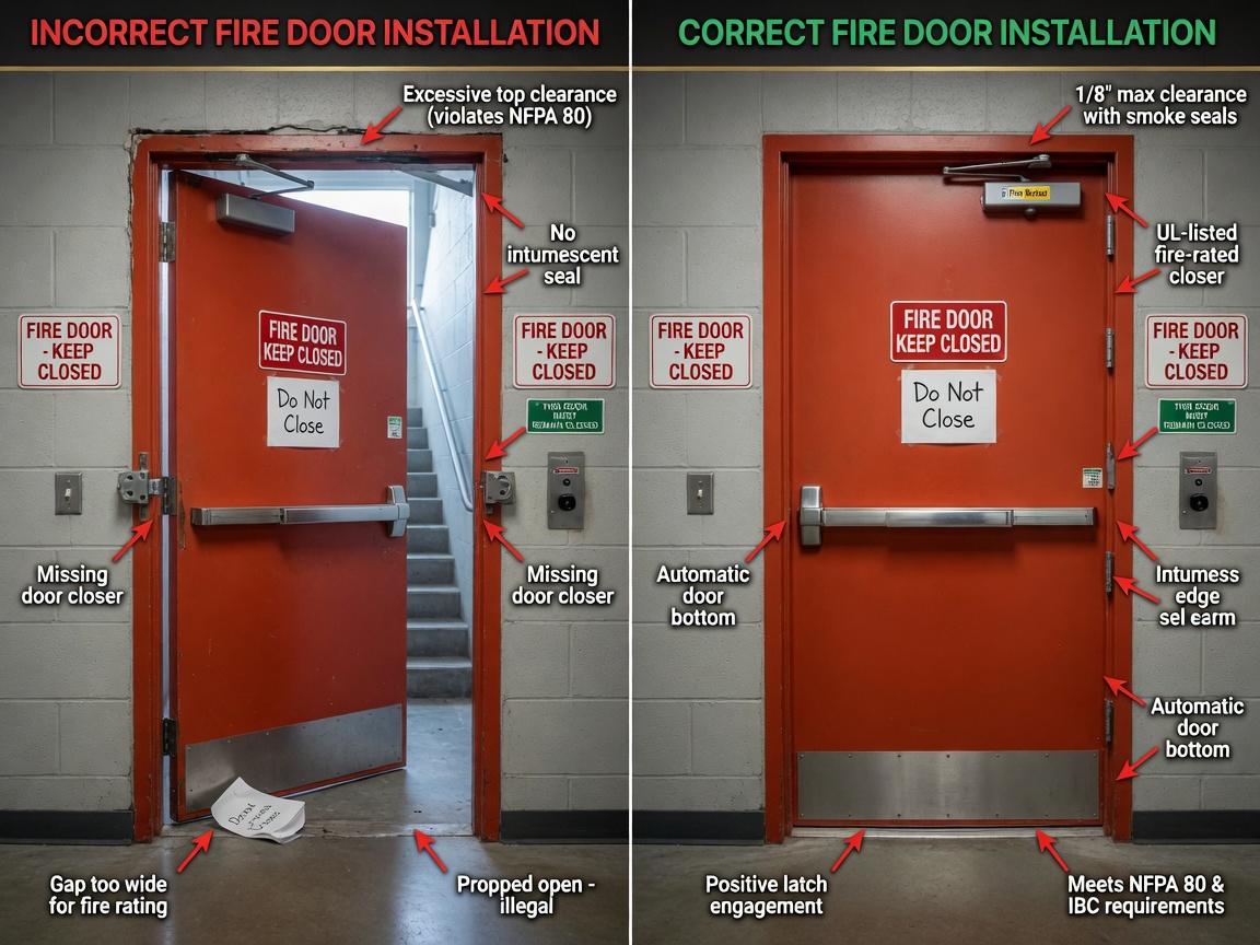 Ultra-realistic 8K image showing incorrect versus correct fire door installation side-by-side comparison, clear visual differences in clearances and hardware, educational style