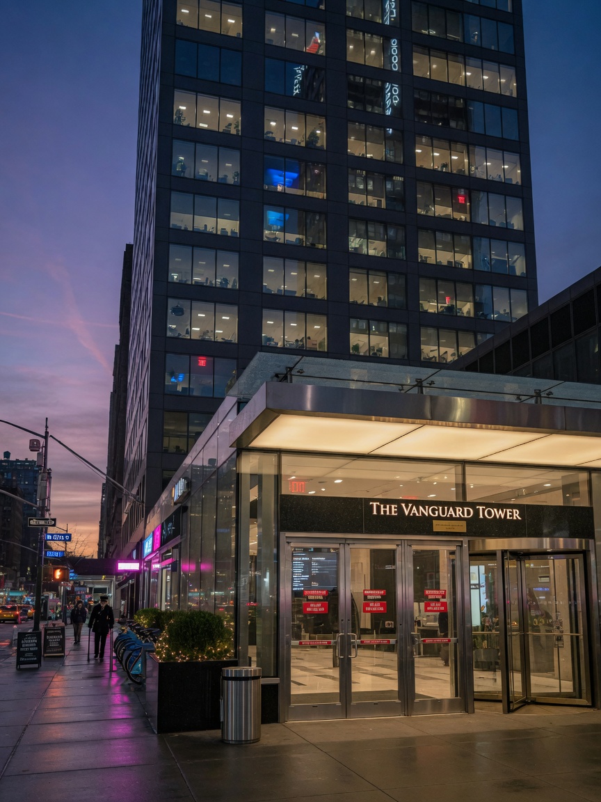 8K cinematic ultra-realistic image of a modern NYC high-rise building exterior at dusk with illuminated windows and prominent commercial entrance featuring code-compliant glass fire doors