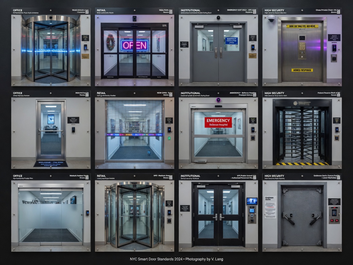 Large grid of 12 different smart commercial door configurations used in NYC buildings, including office, retail, institutional, and high-security applications, organized technical display, 8K resolution