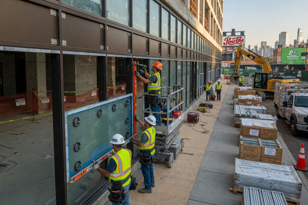 Contractor team installing reinforced aluminum impact-rated storefront system on a new construction site in Long Island City, construction equipment visible, ultra-realistic 8K