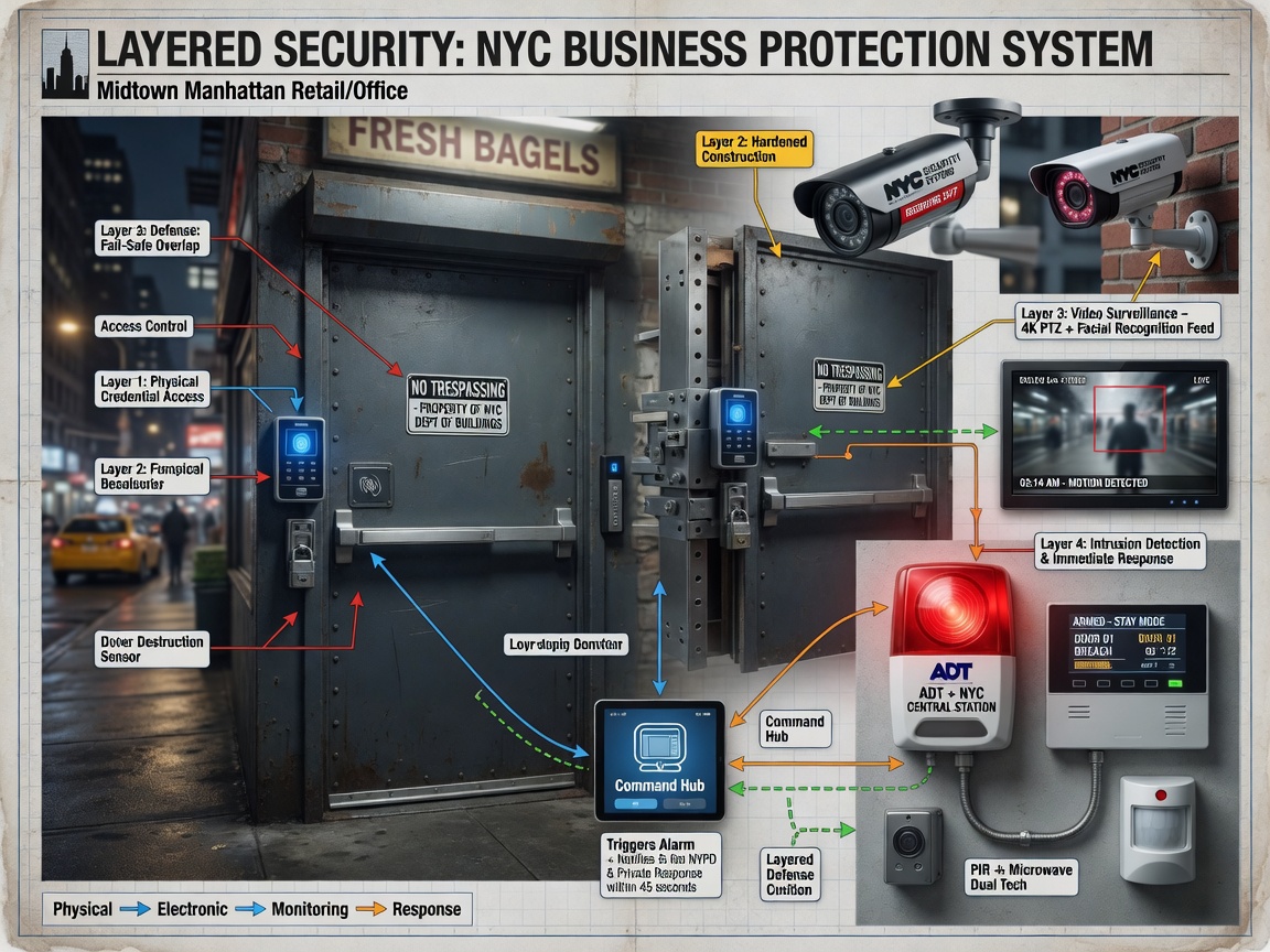 Layered security concept illustration showing steel door, access control, cameras, and alarm systems working together as a complete NYC business protection system, technical diagram with realistic elements, 8K