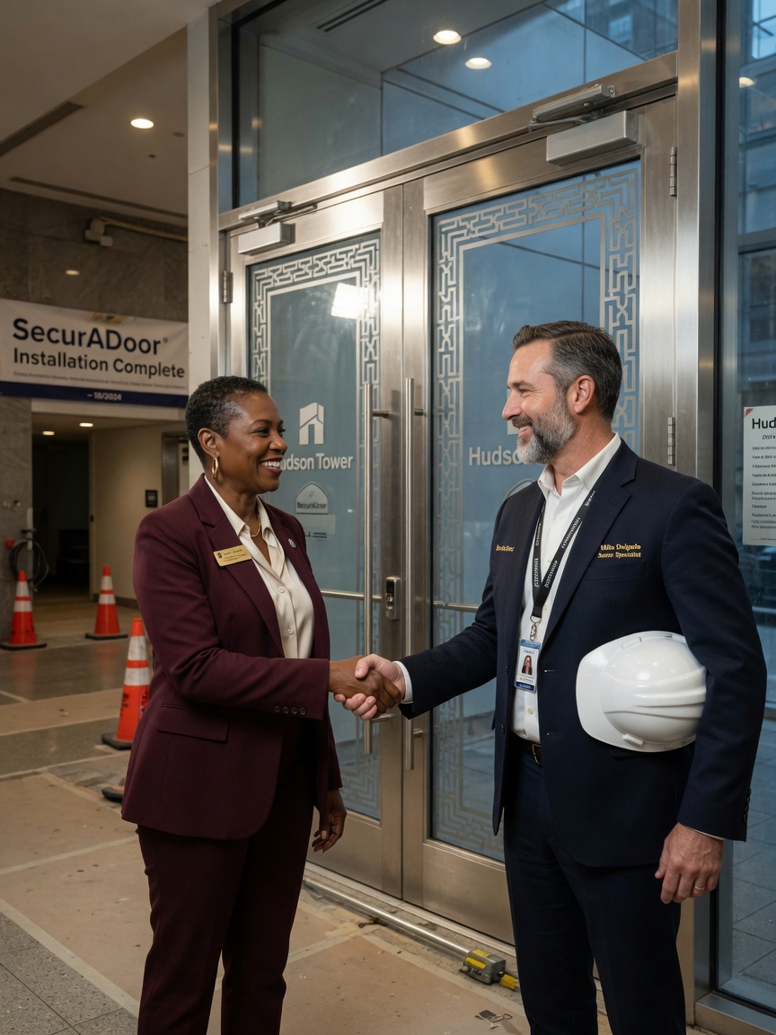 Ultra-realistic 8K image of satisfied NYC property manager shaking hands with SecurADoor commercial door specialist in front of newly installed custom fabricated doors, trust and professionalism, corporate photography