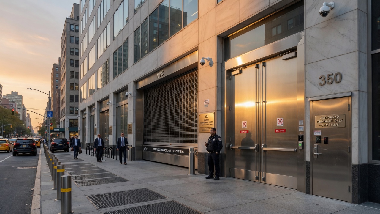 Inspirational ultra-realistic 8K wide shot of modern NYC commercial building with all code-compliant heavy gauge steel doors and gates, beautiful golden hour lighting, sense of safety and professionalism