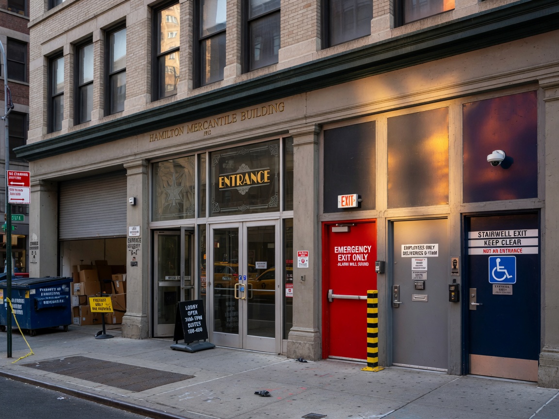 Ultra-realistic 8K wide-angle image of a complete commercial building facade in New York City featuring various types of compliant doors including entrance, service, and emergency exits